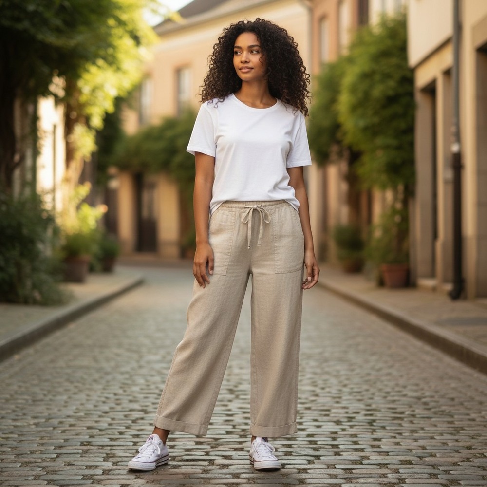 Per Se Linen Blend Pants Large Beige Excellent Drawstring Wide Leg Trousers